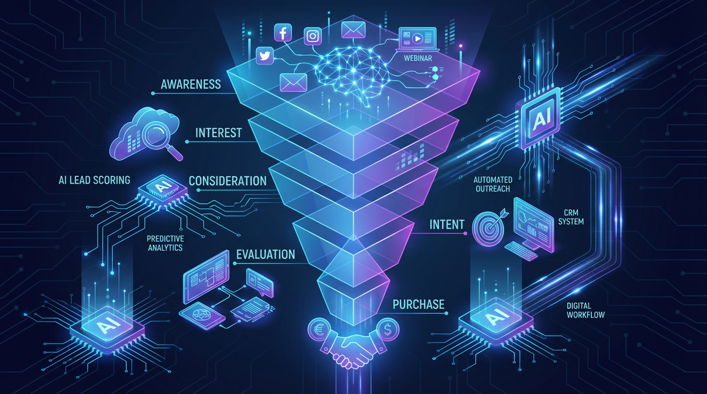 Ilustração de um funil de vendas B2B com ícones de Inteligência Artificial (IA) integrados em cada etapa da jornada do cliente.