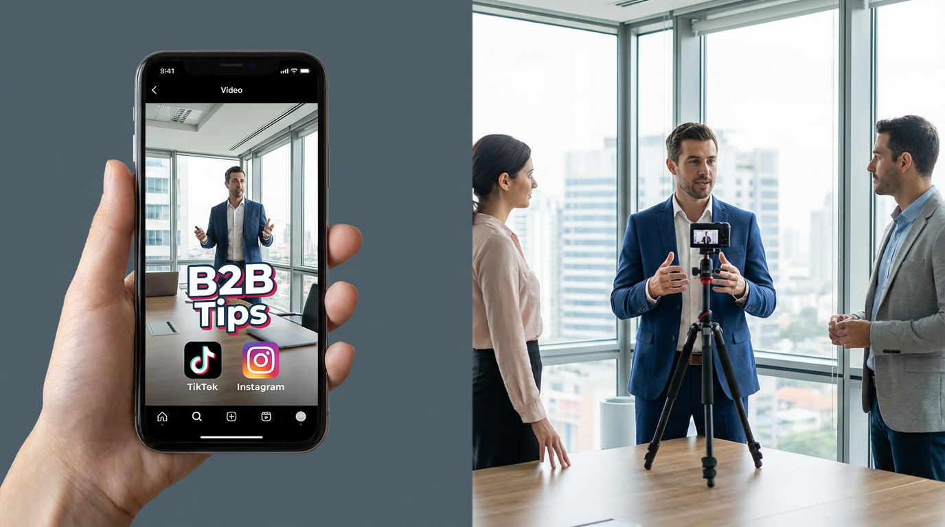 Montagem de vídeo curto B2B, mostrando um profissional gravando dicas de marketing para TikTok e Reels em um ambiente de escritório.